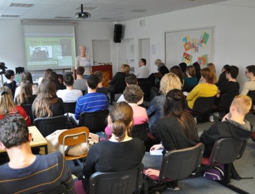 Lecture on experimental poetry by Sylva Lauerová for high school students; Photo by Jan Jackson